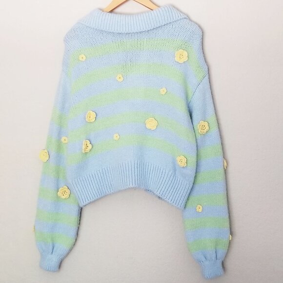 Zara Crochet 3D Floral Embroidered Striped Polo Collared Sweater L Blue Fairy - Picture 8 of 16